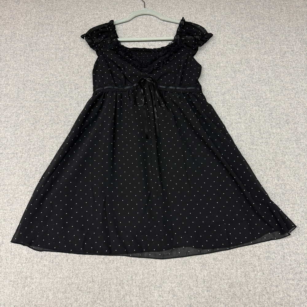 SHEIN Mini Dress Small Black Polka Dot Empire Waist Lace Trim Smocked Ruffle